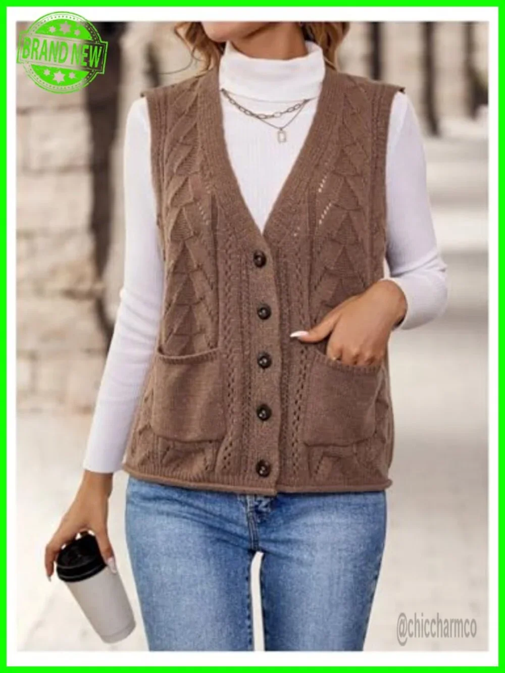 Women's Sleeveless Button Down Knitted Vest Cardigan with Pockets